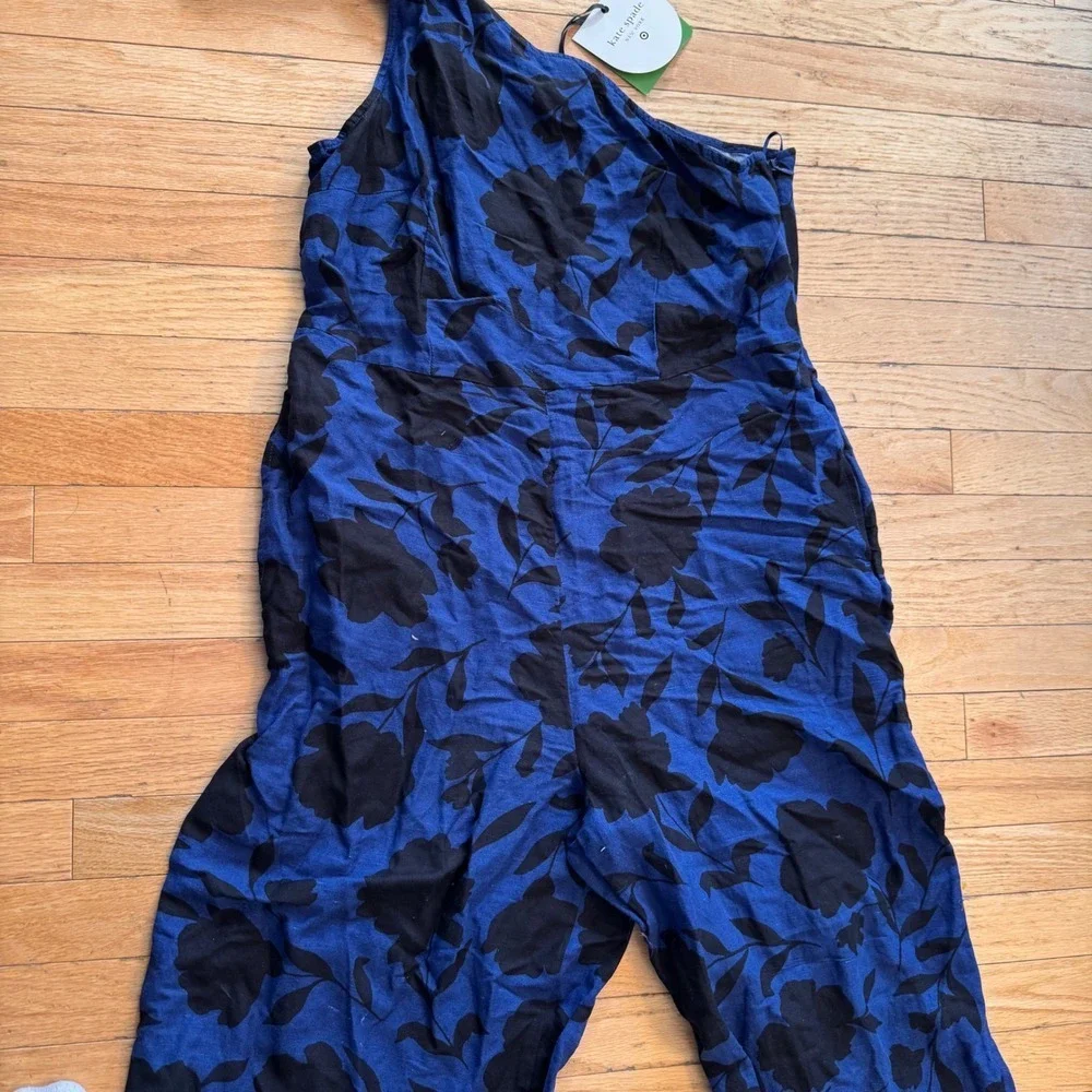Kate Spade Target Blue Black Floral One Shoulder Bow Jumpsuit Size 14 NWT